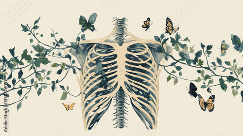 The image is a stylized illustration combining anatomical elements with botanical imagery.  A detailed rendering of a human rib cage and spine is centrally positioned against a pale background.