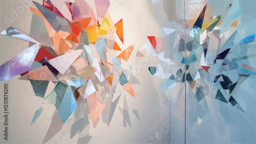 The image depicts a close-up view of an abstract art installation featuring numerous geometric shapes, primarily triangles and polygons, in a variety of translucent and vibrant colors. The shapes