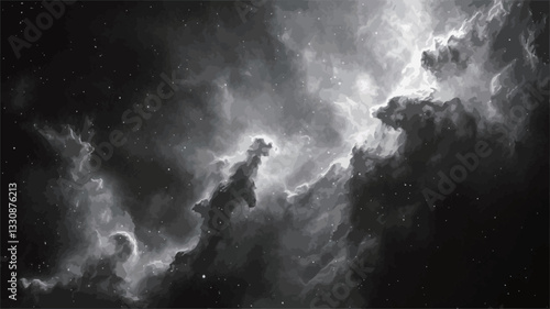 A grayscale image depicting a nebulae structure. The image showcases varying shades of gray, from dark, almost black areas to bright, luminous regions, suggesting the presence of gas and dust. The