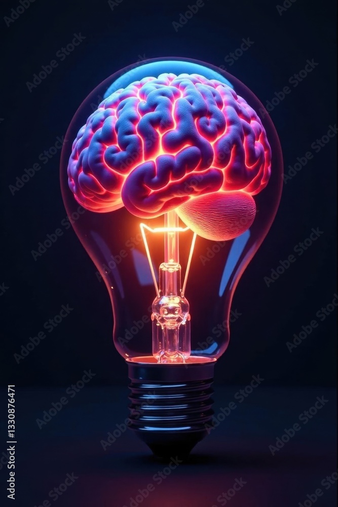 Illuminated brain within a lightbulb, dark backdrop, thinking, progress Illuminated brain within a lightbulb, dark backdrop, thinking, progress