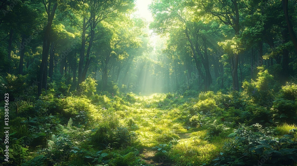 Obraz premium Sunlit Forest Scene Lush Greenery with Light Rays Through Trees Nature Background