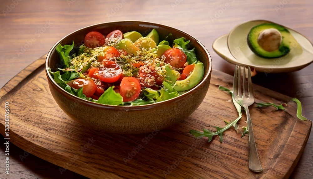 Fresh vegetable salad with avocado and tomatoes in a bowl Fresh vegetable salad with avocado and tomatoes in a bowl