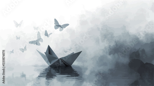 The image features a grayscale depiction of a paper boat, seemingly made of origami, situated on a calm, reflective surface.  Several small, paper-like butterflies are scattered around the boat,
