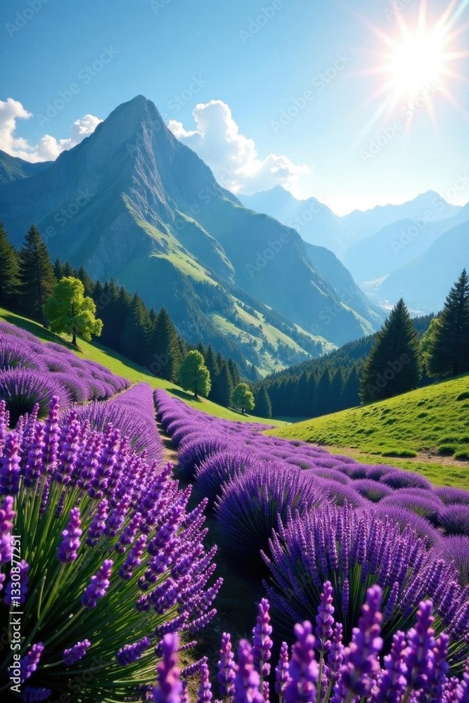 Spring lavender fields cascade down a sun-kissed mountain slope, aromatherapy, Provence, sky Spring lavender fields cascade down a sun-kissed mountain slope, aromatherapy, Provence, sky