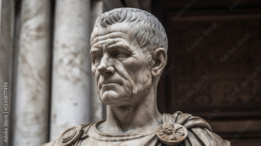 Close-up of a weathered Roman bust against a columned backdrop Close-up of a weathered Roman bust against a columned backdrop