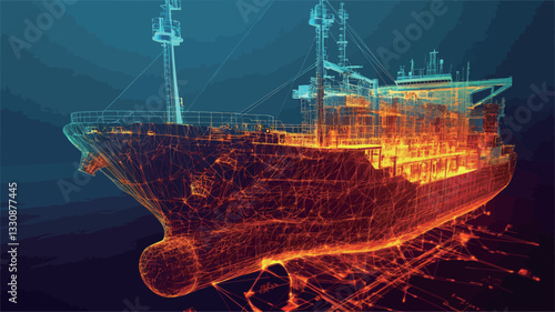 The image is a 3D scan of a large underwater shipwreck.  The shipwreck is depicted in a semi-transparent manner, revealing internal structures and details. The color palette is predominantly orange