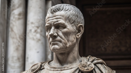 Close-up of a weathered Roman bust against a columned backdrop