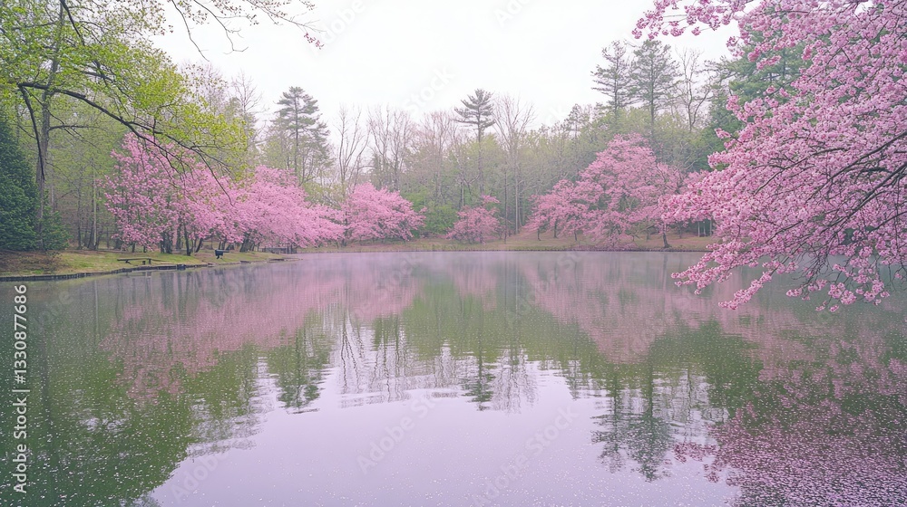 Serene Springtime: Cherry Blossoms Reflected in a Tranquil Lake Serene Springtime: Cherry Blossoms Reflected in a Tranquil Lake