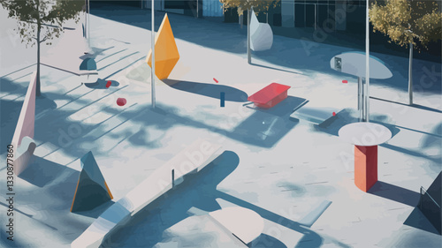 High-angle, long shot of a modern urban plaza featuring various abstract geometric sculptures of different sizes and colors. The sculptures are predominantly yellow, red, white, and gray. The plaza