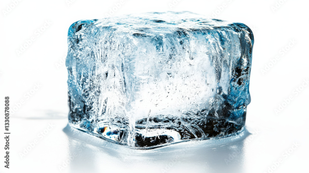 A cube of ice is sitting on a white surface A cube of ice is sitting on a white surface