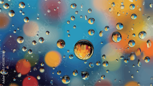 A close-up macro photograph of numerous water droplets on a glass surface. The droplets vary in size and exhibit reflections of a brightly colored, out-of-focus bokeh background featuring blurred