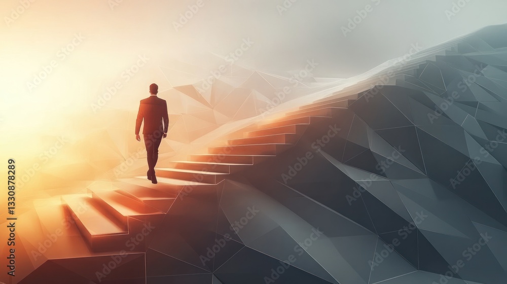 Businessman Ascending Abstract Steps Toward Sunrise Businessman Ascending Abstract Steps Toward Sunrise