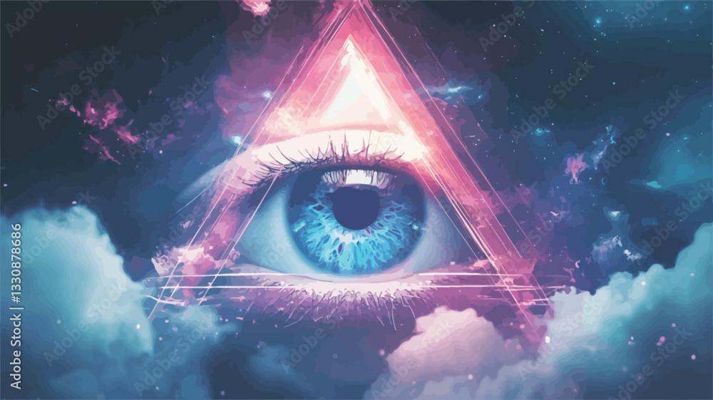 Digital artwork depicting a stylized eye, resembling the Eye of Providence, within a glowing pink and red triangle. The eye is bright blue with visible lashes and detailed iris. The triangle is Digital artwork depicting a stylized eye, resembling the Eye of Providence, within a glowing pink and red triangle. The eye is bright blue with visible lashes and detailed iris. The triangle is