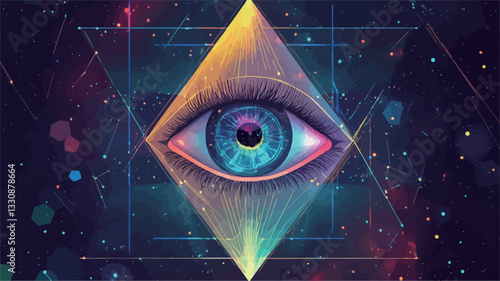 A digital illustration featuring a stylized eye as the central focus. The eye is rendered with vibrant blue, purple, and orange tones, exhibiting a glowing effect.  It is positioned within a