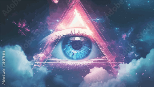 Digital artwork depicting a stylized eye, resembling the Eye of Providence, within a glowing pink and red triangle. The eye is bright blue with visible lashes and detailed iris. The triangle is