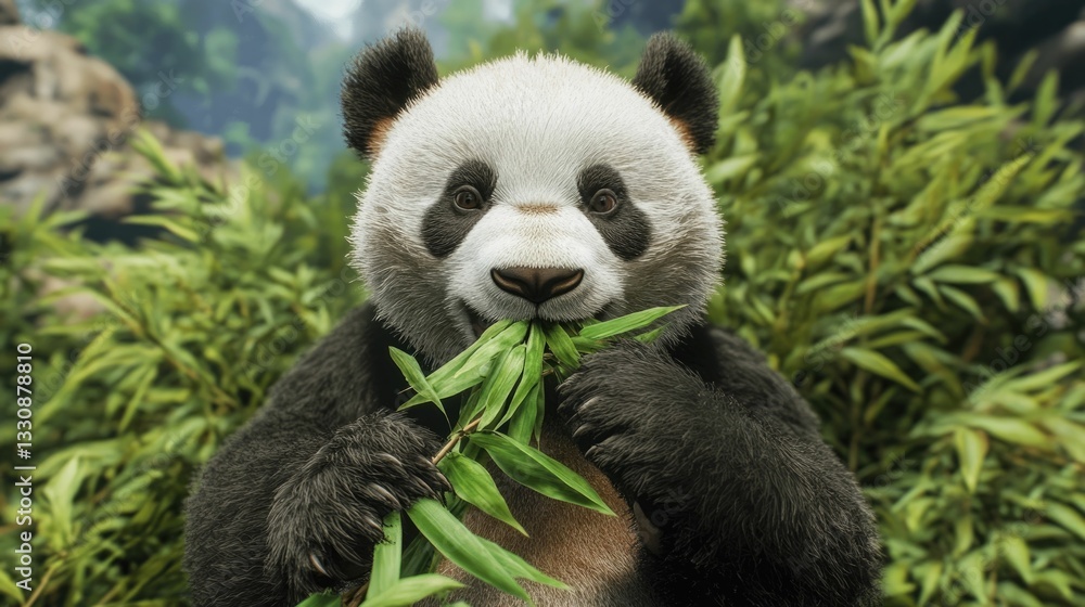Obraz premium Panda Feeding on Bamboo Leaves in a Lush Serene Green Grove Close up Portrait of a Cute Focused Giant Panda Bear in its Natural Habitat
