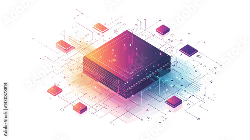 Isometric illustration of a dark-colored cube, possibly representing a data center or server, surrounded by colorful circuit lines and smaller cubes. The cube has a gradient effect, transitioning