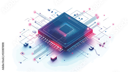 Isometric illustration of a microchip or central processing unit (CPU).  The chip is depicted in shades of blue and pink/red, with glowing elements suggesting activity.  Surrounding the chip are