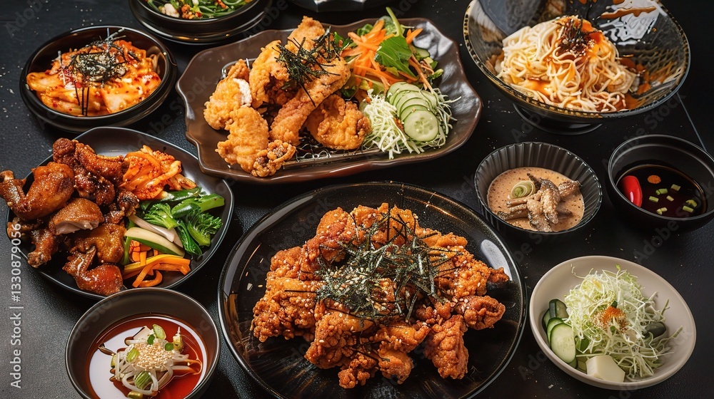 A mouth-watering plate of Korean fried chicken is displayed. The chicken pieces are generously coated with a crispy and golden-brown batter. Some are glazed with a sweet and spicy sauce, giving them a A mouth-watering plate of Korean fried chicken is displayed. The chicken pieces are generously coated with a crispy and golden-brown batter. Some are glazed with a sweet and spicy sauce, giving them a