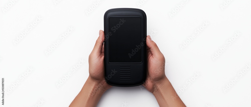 Radiation Monitoring Emergency Concepts. Hands holding a black device on a white background. Radiation Monitoring Emergency Concepts. Hands holding a black device on a white background.