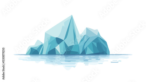 A digital illustration depicting an iceberg. The iceberg is rendered in a low-polygonal style with sharp, angular facets.  The color palette is predominantly shades of blue and teal. The iceberg is
