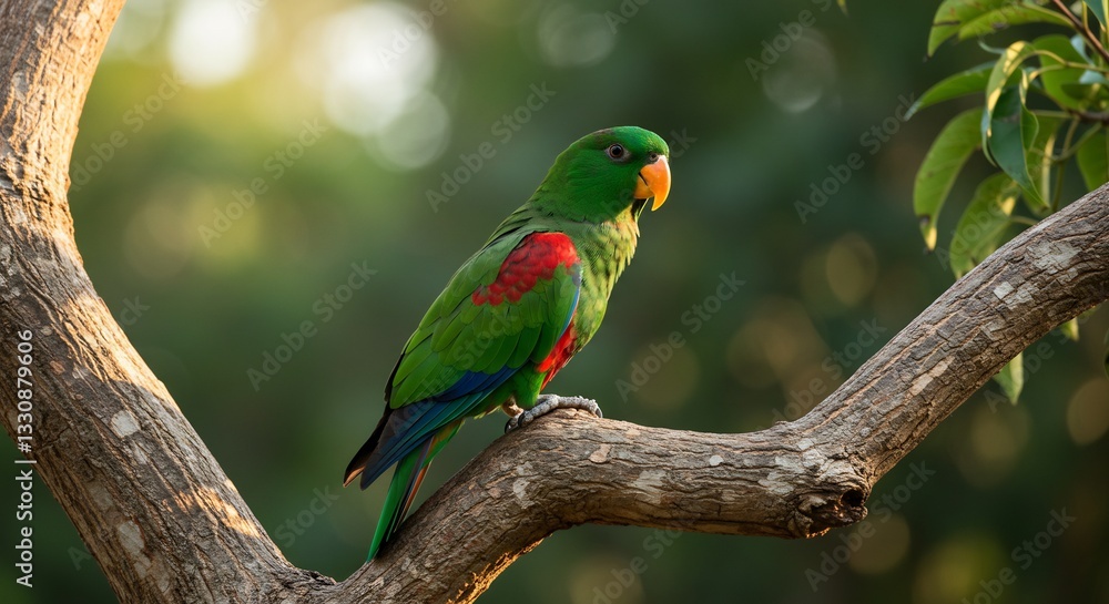 Vibrant green parrot perches serenely on branch bathed in warm sunlight. AI Generated Vibrant green parrot perches serenely on branch bathed in warm sunlight. AI Generated