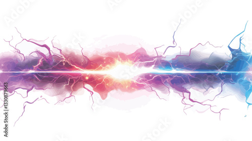 The image depicts an abstract representation of an energy burst or explosion. It features a central bright, white light source radiating outward with streaks of vibrant pink, blue, and purple. The