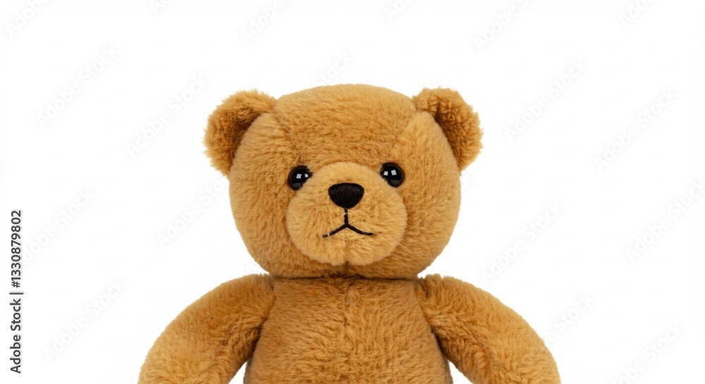 Fototapeta premium Soft brown teddy bear sits patiently against bright white background. AI Generated