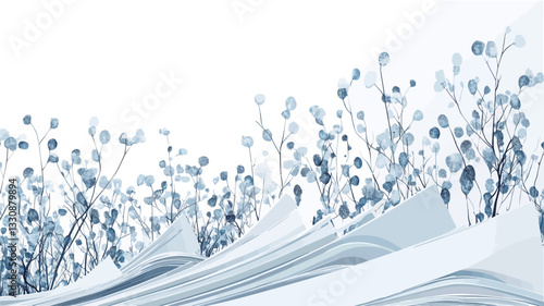Close-up image of stylized, frost-covered or winter plants situated atop a textured surface resembling the pages of a book or folded paper. The color palette is predominantly cool-toned, using