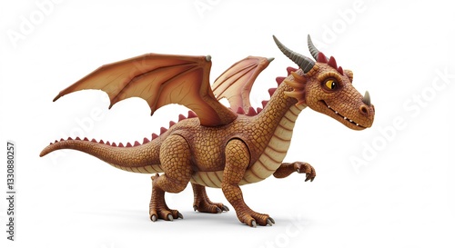 Friendly orange dragon playfully poses against bright white background. AI Generated