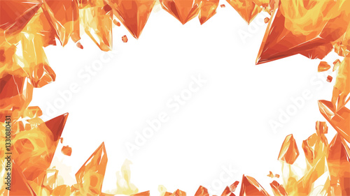 A digital illustration featuring an abstract frame composed of numerous sharp, orange, crystal-like shapes. The crystals are irregularly shaped and appear to radiate outward from a central, white,