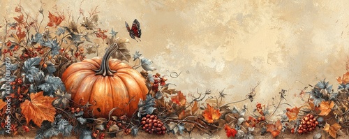 A detailed vintage botanical illustration showcases the vibrant hues of autumn, with a focal point on pumpkins and bountiful harvest crops Warm orange, rustic browns, and muted greens intertwine