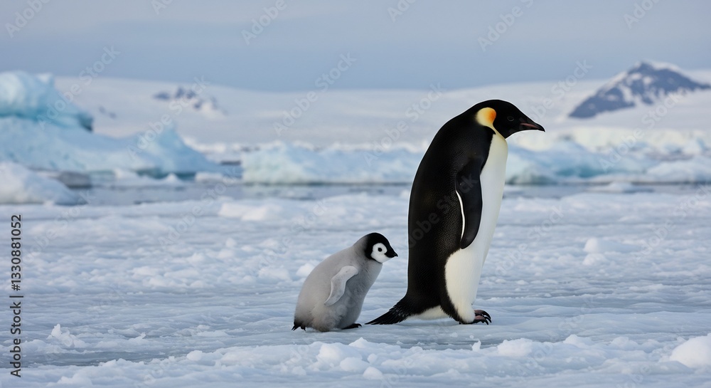 Fototapeta premium Emperor Penguin chick follows parent across icy Antarctic landscape bathed in soft sunlight. AI Generated