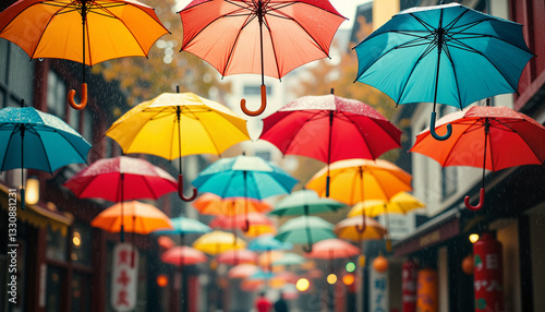 Colorful umbrellas suspended above a rainy street