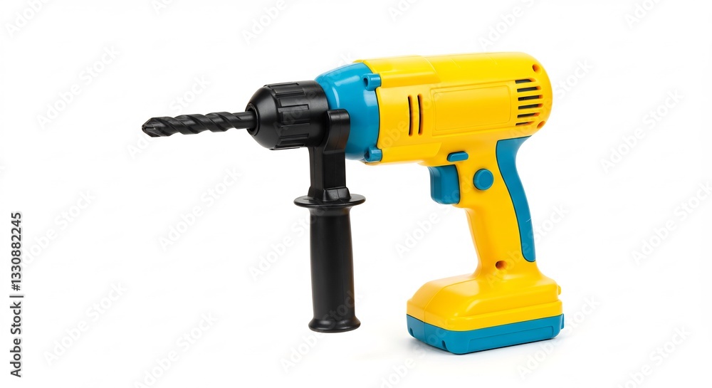 Yellow blue cordless drill spins powerfully ready for work. AI Generated Yellow blue cordless drill spins powerfully ready for work. AI Generated