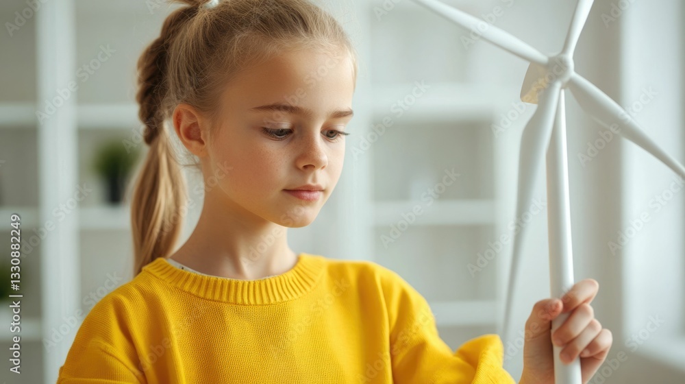 Portrait of a focused young female student intently brainstorming and collaborating on innovative renewable energy concepts using windmill props on a table in an academic or office workspace setting Portrait of a focused young female student intently brainstorming and collaborating on innovative renewable energy concepts using windmill props on a table in an academic or office workspace setting