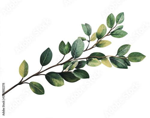 Realistic green leafy branch on white background showcasing vibrant foliage and natural beauty : Generative AI