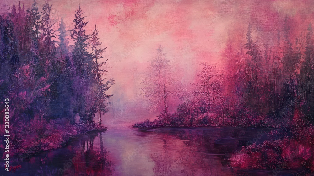 Fototapeta premium Tranquil Pink and Purple Landscape with Misty Trees and Still Water at Dusk in a Painterly Style