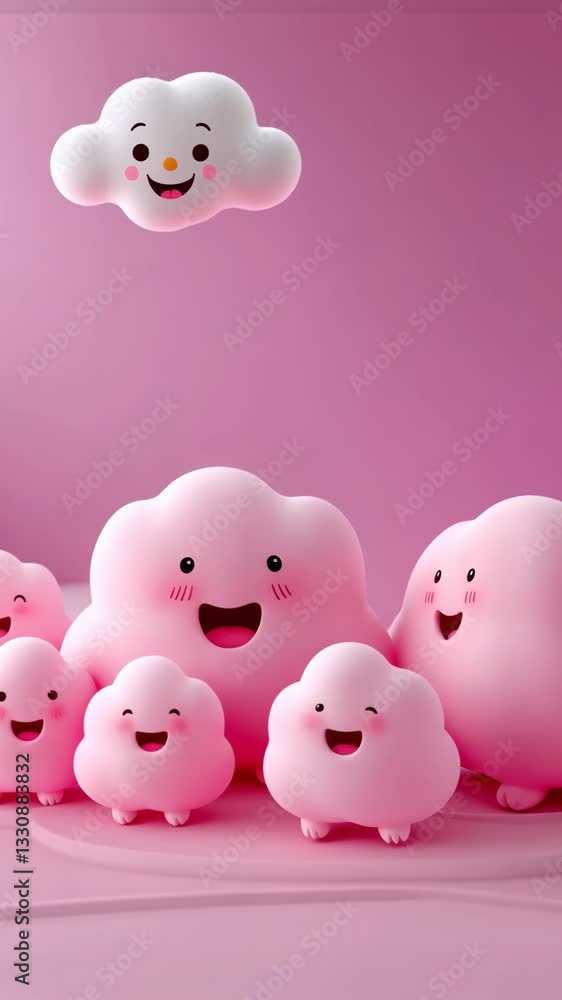 Cute pink cloud characters having fun in a whimsical setting with cheerful expressions and playful stances in a light pink backdrop Cute pink cloud characters having fun in a whimsical setting with cheerful expressions and playful stances in a light pink backdrop