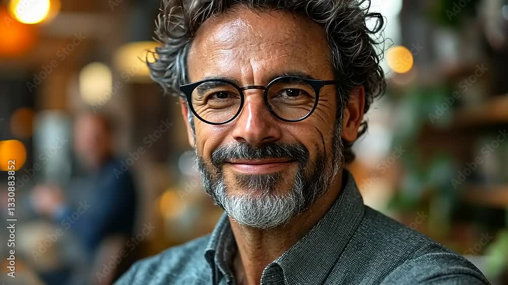 Confident man smiling in a cozy cafe setting Confident man smiling in a cozy cafe setting