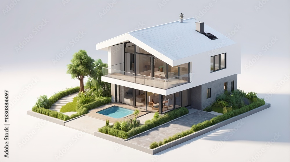 A small modern minimalist house isometric perspective, 3D model miniature A small modern minimalist house isometric perspective, 3D model miniature