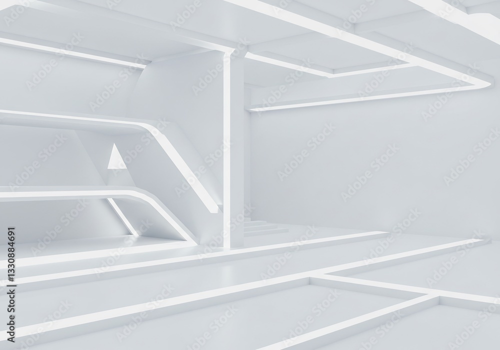 Clean white futuristic interior glows softly illuminating sleek architectural lines. AI Generated Clean white futuristic interior glows softly illuminating sleek architectural lines. AI Generated