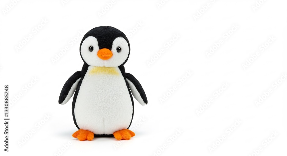 Fototapeta premium Adorable plush penguin toy poses against bright white background. AI Generated