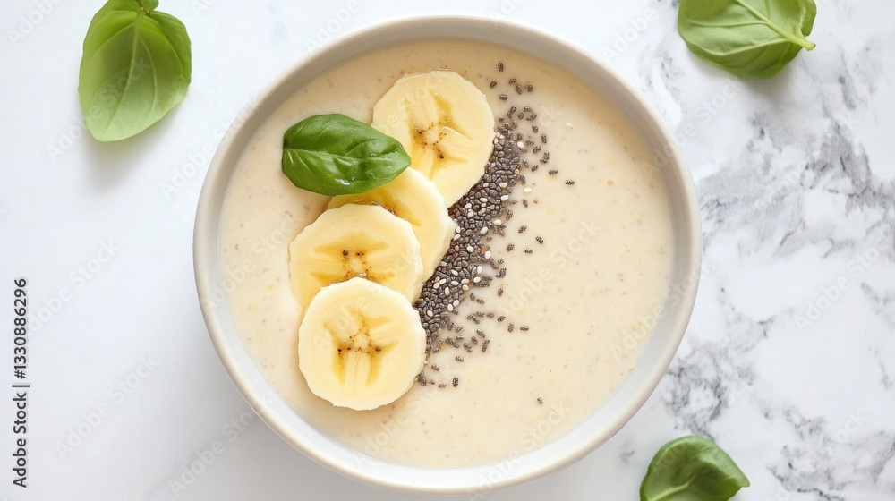 Flat lay of a healthy homemade oatmeal breakfast bowl topped with fresh banana slices chia seeds and a drizzle of honey The simple and inviting composition showcases the natural Flat lay of a healthy homemade oatmeal breakfast bowl topped with fresh banana slices chia seeds and a drizzle of honey The simple and inviting composition showcases the natural