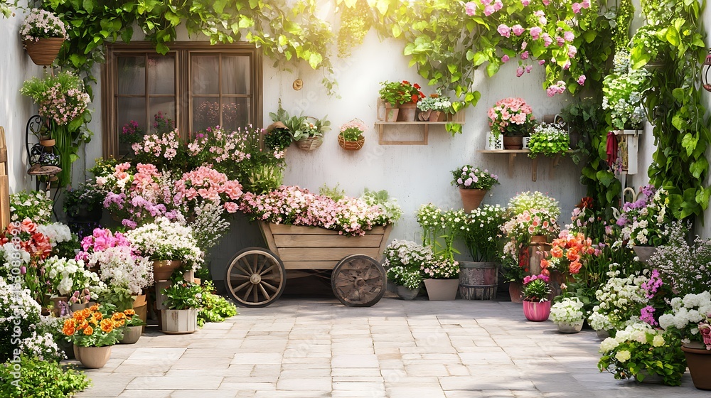 Fototapeta premium Sunny garden courtyard filled with flowers and plants, a charming display