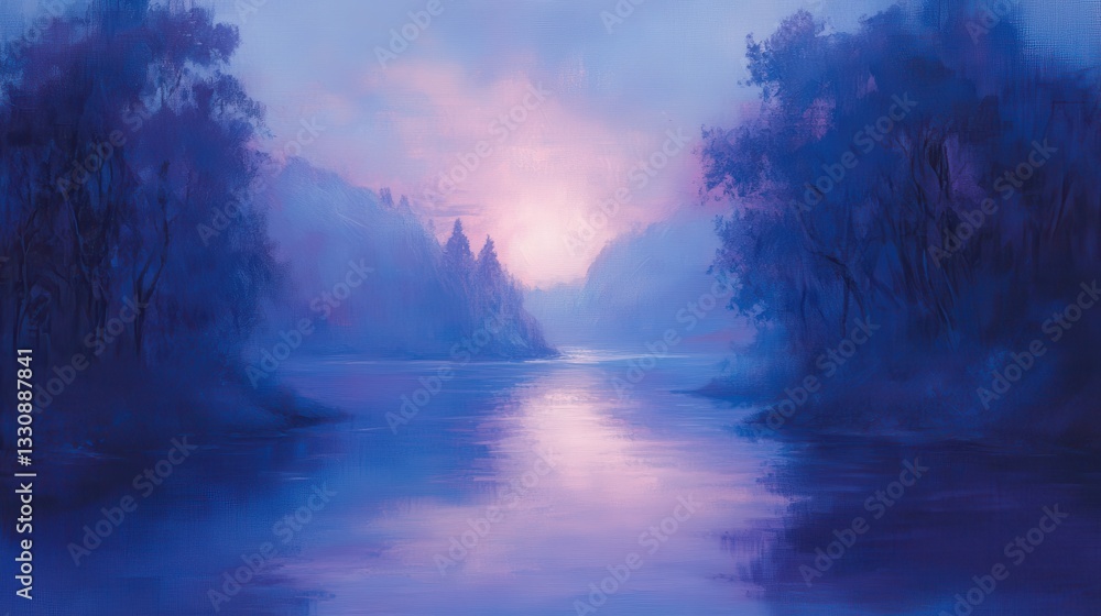 Serene Landscape of a Tranquil Lake at Dusk Surrounded by Soft Silhouettes of Trees and Gentle Hues of Purple and Blue Sky Reflections Serene Landscape of a Tranquil Lake at Dusk Surrounded by Soft Silhouettes of Trees and Gentle Hues of Purple and Blue Sky Reflections