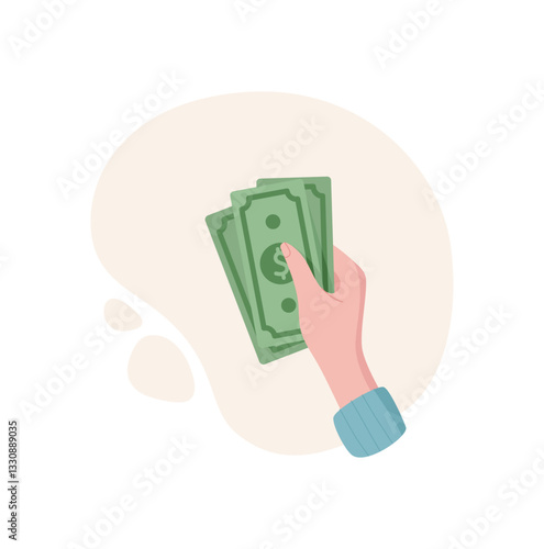 Hand holds cash. Female character grips money. Payment concept, graphic style, ideal for finance content. The image captures the act of receiving a dollar receipt in a modern context.