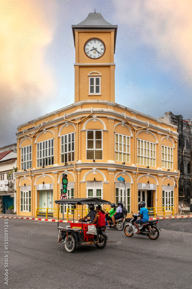 Traffic moving past the former police station on the corner of Phuket Road and Phang Nga Road, Phuket, Town, Thailand