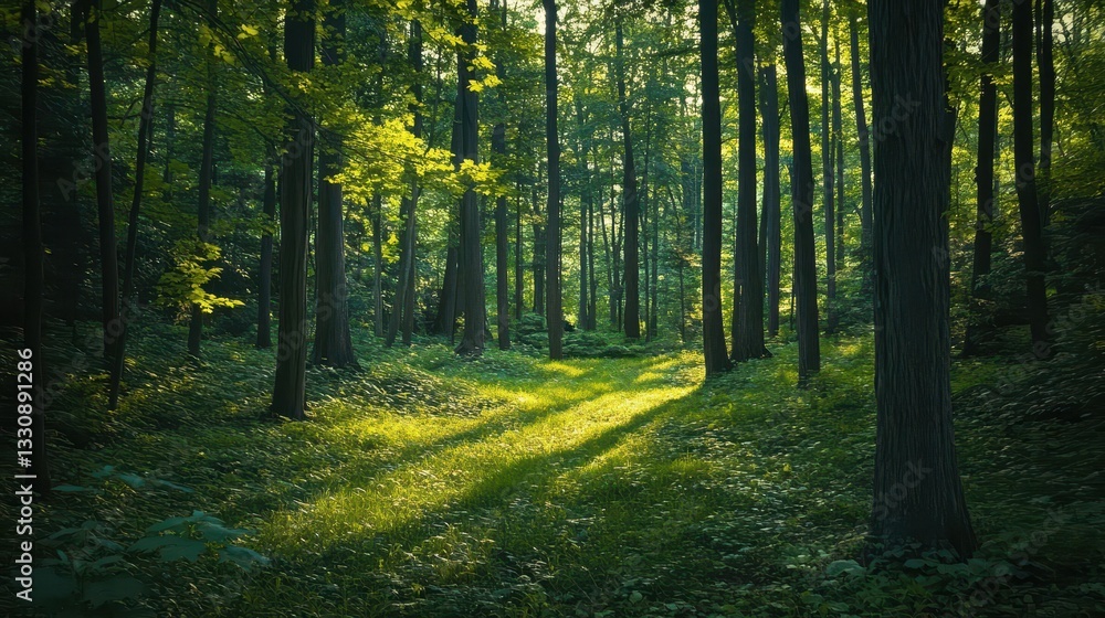 Fototapeta premium Sunlight Filtering Through Lush Green Forest Canopy Illuminating a Serene Pathway Surrounded by Vibrant Nature and Tranquil Atmosphere