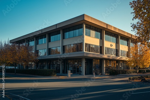 The modern office building is particularly bright in the sun, and the surrounding trees and bushes add a natural touch